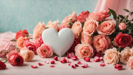 Valentine's day background with pink flowers and heart on wooden tableの素材