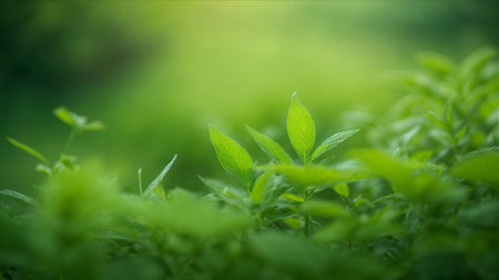 Green leaves in the garden, soft focus, shallow depth of fieldの素材