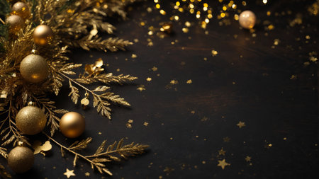 Christmas and New Year background. Golden christmas decorations on dark wooden background.の素材