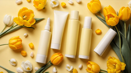 Flat lay composition with cosmetic products and tulips on color backgroundの素材