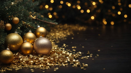 Christmas tree branch with golden baubles on a black wooden background.の素材