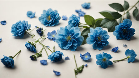 Blue flowers on a white background. Floral background. Flat lay.の素材