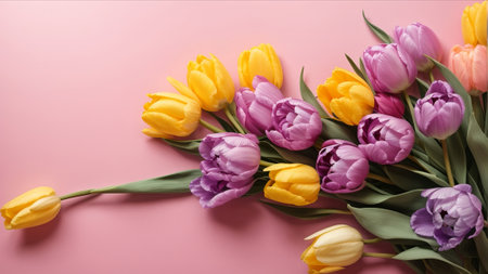 Bouquet of colorful tulips on pink background, top viewの素材