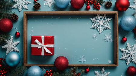 Christmas and New Year background with red gift box and snowflakes on blue background. Top view.の素材