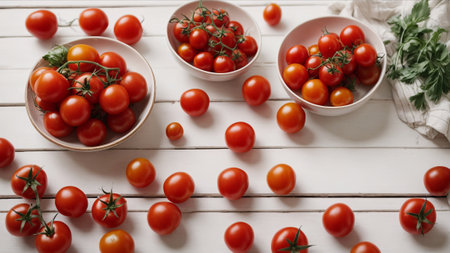 Fresh cherry tomatoes in bowl on white wooden table. Top view.の素材