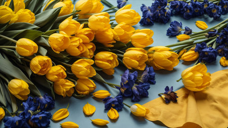 Bouquet of yellow tulips and blue hyacinths on a blue backgroundの素材