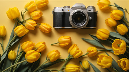 Flat lay composition with vintage camera and yellow tulips on color backgroundの素材