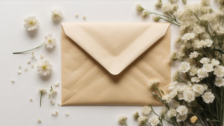 Envelope and flowers on a white background. Flat lay, top view.の素材