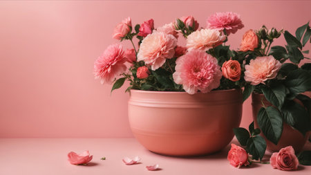 Pink roses in a pot on a pink background. Copy space.の素材