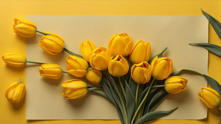 Bouquet of yellow tulips on a yellow background, top viewの素材