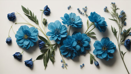 Blue flowers on a white background. Flat lay, top view.の素材