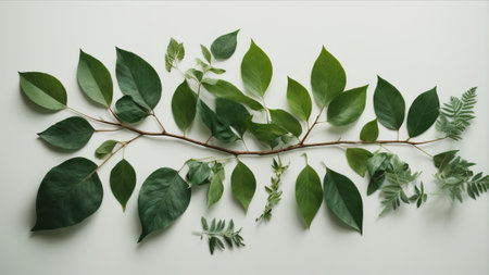 Eucalyptus branches with green leaves on a white backgroundの素材