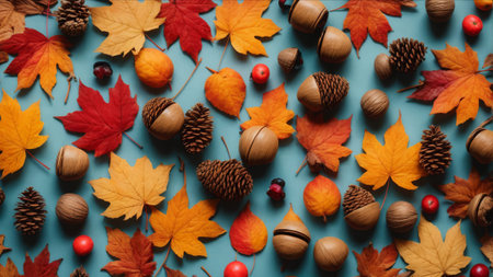 Autumn background with leaves, acorns and berries on blue backgroundの素材