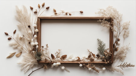 Wooden frame with dried flowers on white background. Flat lay, top view.の素材