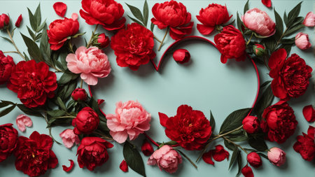 Beautiful peony flowers and heart on color background, flat layの素材