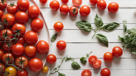 Top view of cherry tomatoes and basil on white wooden background, flat layの素材