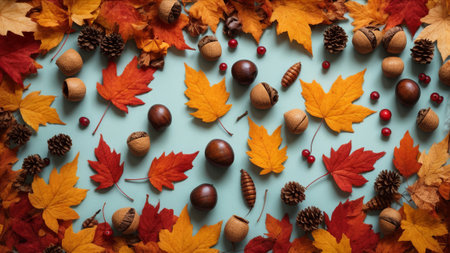 Autumn background with maple leaves, acorns and nuts on blue backgroundの素材