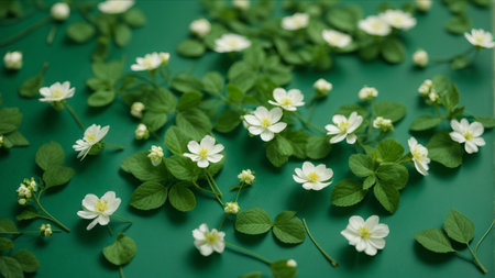 White flowers on a green background. Spring background. Flat lay.の素材