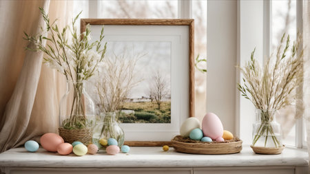 Easter eggs in a vase on the windowsill with a picture frameの素材