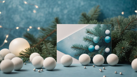Christmas greeting card with fir branches and white balls on blue background.の素材