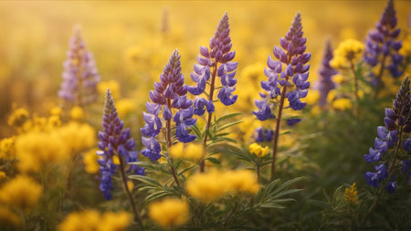 Lupine flowers in the meadow at sunset. Nature backgroundの素材