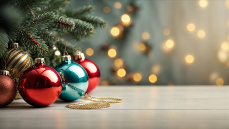 Christmas greeting card with baubles and fir tree on bokeh backgroundの素材