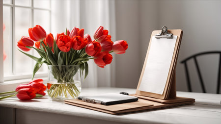 Bouquet of red tulips in vase and clipboard on windowsillの素材