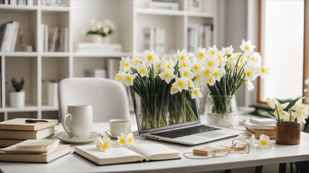 Laptop on the table with daffodils in the officeの素材