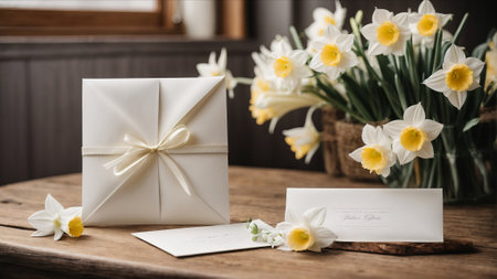 Gift box and bouquet of daffodils on wooden tableの素材