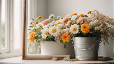 Bouquet of beautiful flowers in vase on window sill indoorsの素材