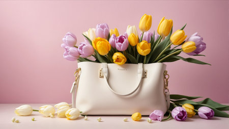 Bouquet of tulips in a white bag on a pink backgroundの素材