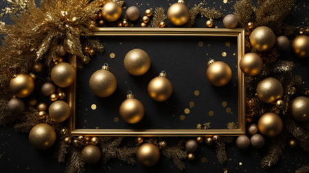 Christmas background with golden baubles and golden frame on black backgroundの素材