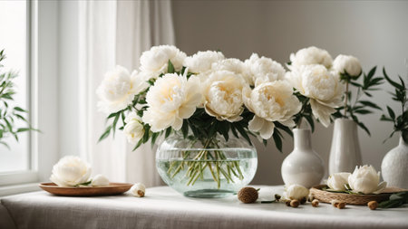 Beautiful white peony flowers in vase on table in roomの素材