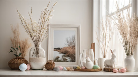 Easter decoration with eggs, bunny and vase on white tableの素材