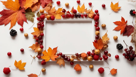 Autumn composition. Frame made of autumn leaves and berries on white background. Flat lay, top view, copy spaceの素材