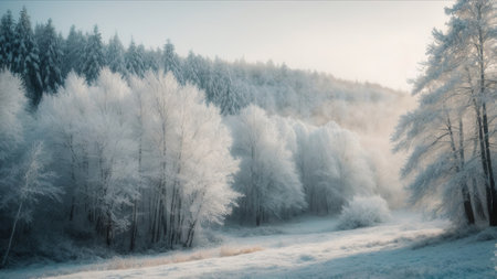 Winter landscape with trees covered with hoarfrost and fog in the forestの素材