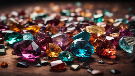 Gemstones on wooden background. Selective focus. Toned.の素材
