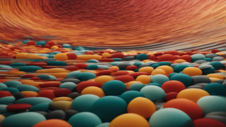 3D render of abstract background with multicolored balls in motionの素材