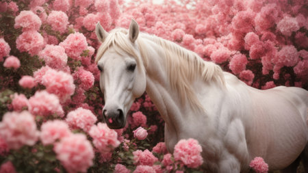 Beautiful white horse with pink rose flowers in the background, horizontal imageの素材