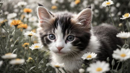 Cute little kitten in the field with daisies, selective focusの素材