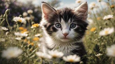 Cute black and white kitten sitting in a field of daisiesの素材