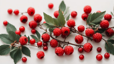 Ripe red raspberries with green leaves on a white background.の素材