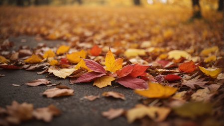 Autumn leaves on the asphalt in the park. Selective focus.の素材