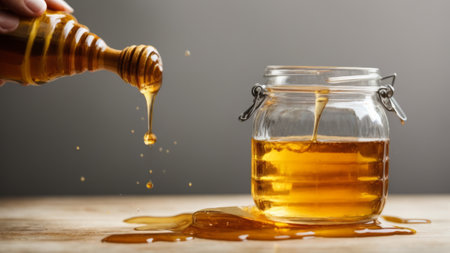 Honey pouring from a bottle into a jar on a wooden tableの素材