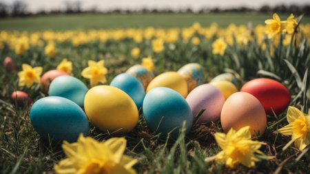 Colorful easter eggs and daffodils on green grassの素材