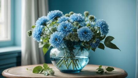 Bouquet of beautiful blue flowers in vase on table indoorsの素材
