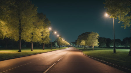 Empty asphalt road through the park at night, illuminated by street lamps.の素材