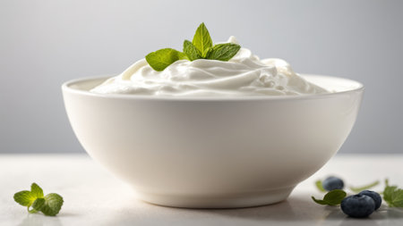 Greek yogurt with fresh blueberries and mint leaves in a white bowlの素材