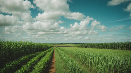 Sugar cane field with blue sky and white clouds, panoramaの素材