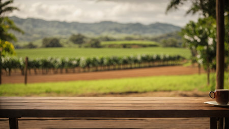 Wooden table top on blurred background of coffee plantation - can be used for display or montage your productsの素材